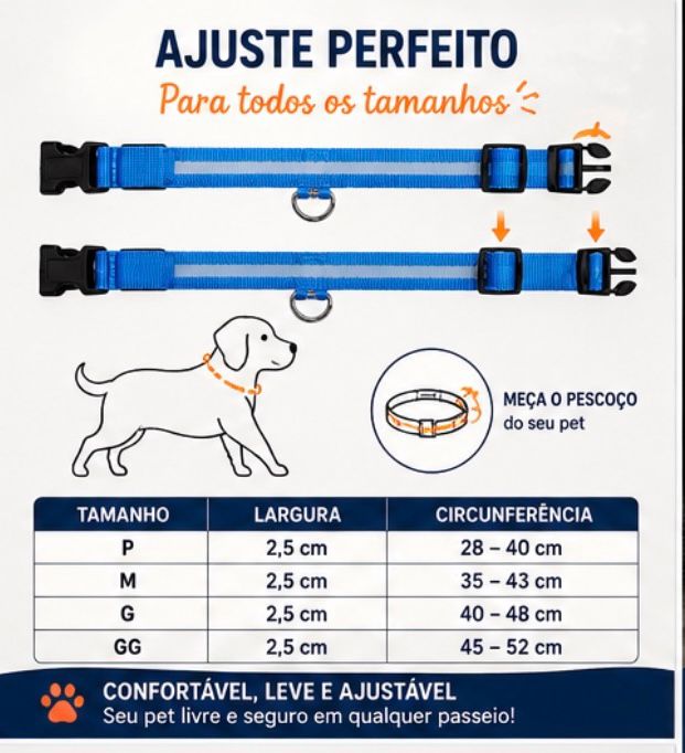 Coleira LED Brilhante para Cães e Gatos | Ajustável Recarregável com Luz de Segurança para Passeios Noturnos