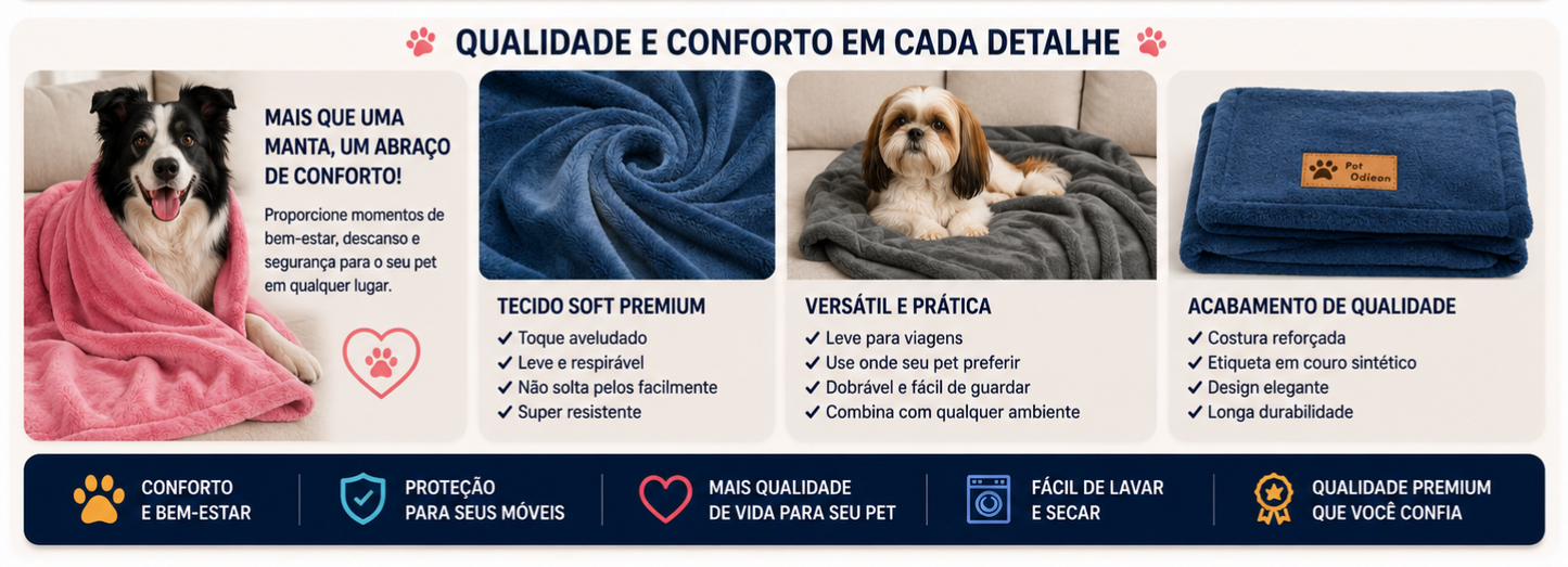 Manta Pet Quentinha 1,00x1,10m para Cães e Gatos | Cobertor Macio Premium para Inverno