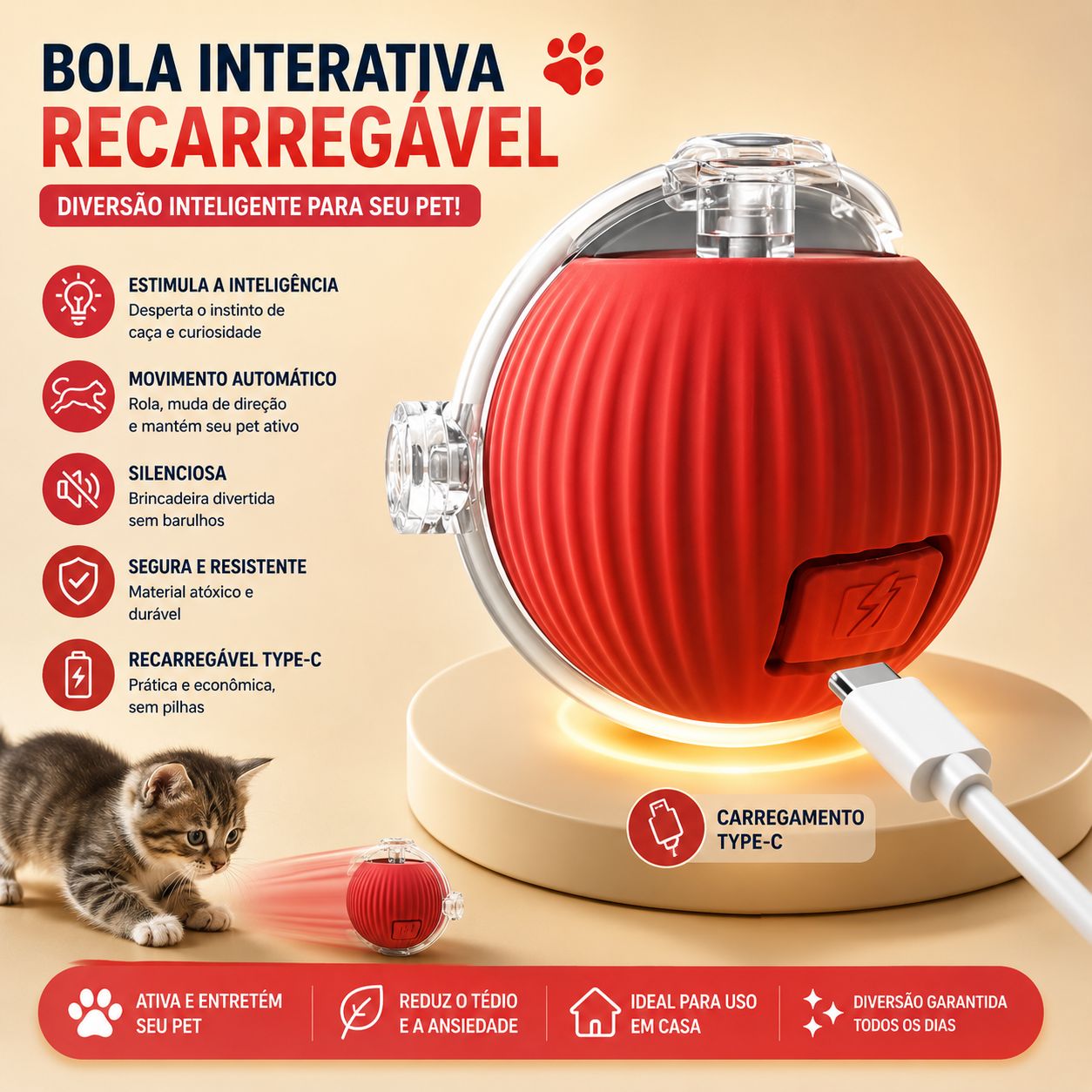 Bolinha Inteligente Interativa para Gatos com Cauda | Brinquedo Automático Recarregável USB Anti Tédio