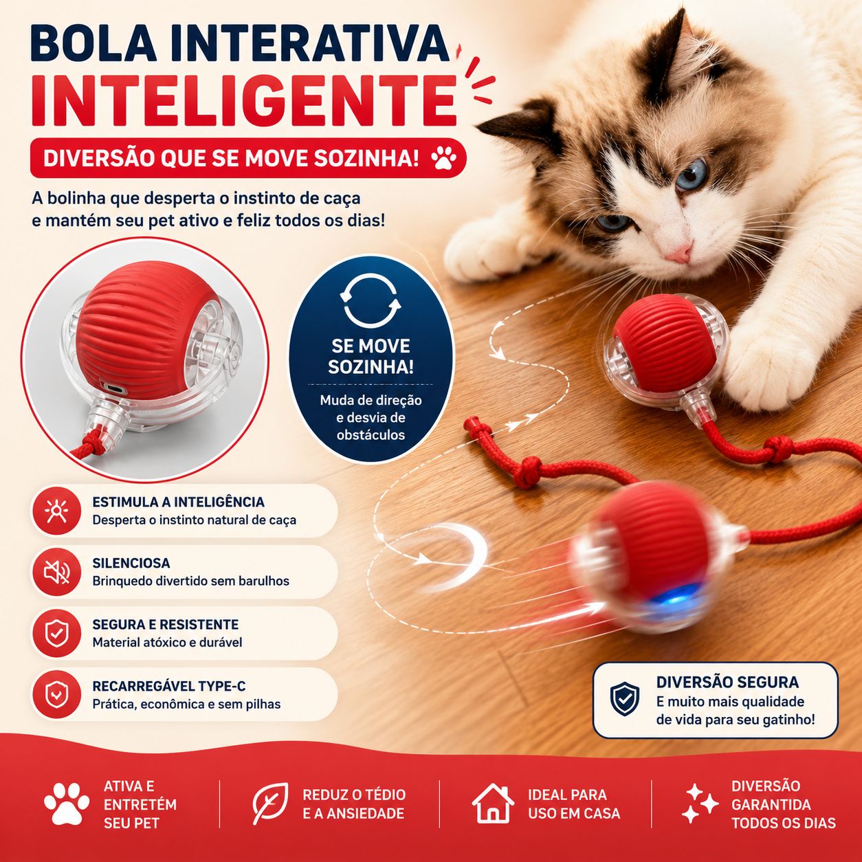 Bolinha Inteligente Interativa para Gatos com Cauda | Brinquedo Automático Recarregável USB Anti Tédio