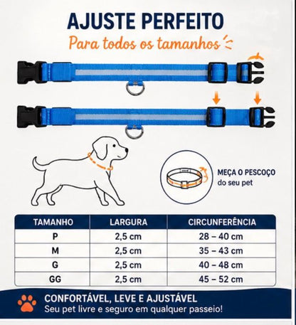 Coleira LED Brilhante para Cães e Gatos | Ajustável Recarregável com Luz de Segurança para Passeios Noturnos
