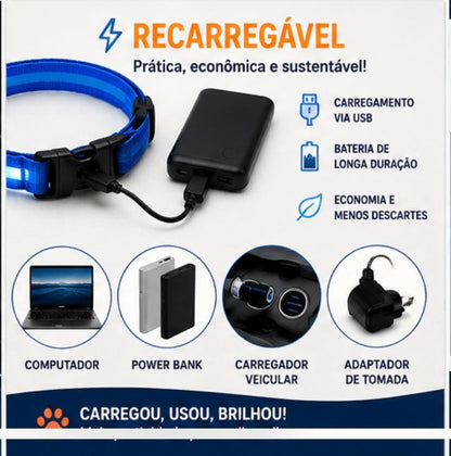 Coleira LED Brilhante para Cães e Gatos | Ajustável Recarregável com Luz de Segurança para Passeios Noturnos