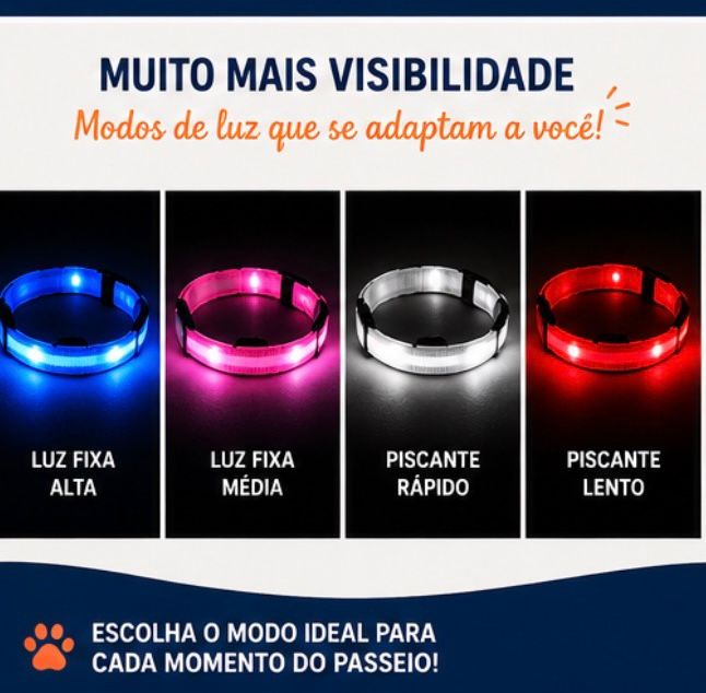 Coleira LED Brilhante para Cães e Gatos | Ajustável Recarregável com Luz de Segurança para Passeios Noturnos