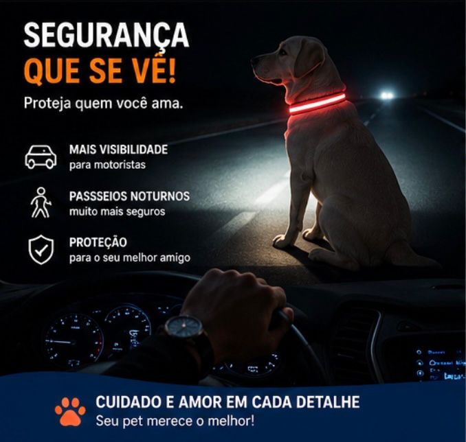 Coleira LED Brilhante para Cães e Gatos | Ajustável Recarregável com Luz de Segurança para Passeios Noturnos