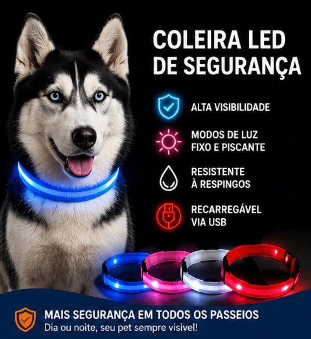 Coleira LED Brilhante para Cães e Gatos | Ajustável Recarregável com Luz de Segurança para Passeios Noturnos