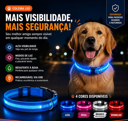 Coleira LED Brilhante para Cães e Gatos | Ajustável Recarregável com Luz de Segurança para Passeios Noturnos