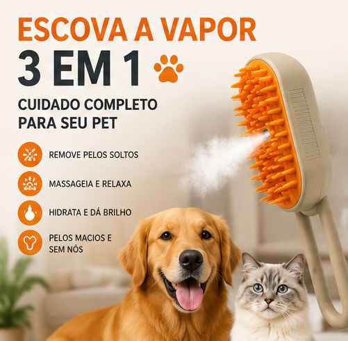 Escova a Vapor 3 em 1 para Cães e Gatos – Remove Pelos, Massageia e Hidrata
