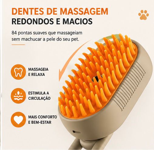 Escova a Vapor 3 em 1 para Cães e Gatos – Remove Pelos, Massageia e Hidrata