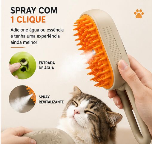 Escova a Vapor 3 em 1 para Cães e Gatos – Remove Pelos, Massageia e Hidrata