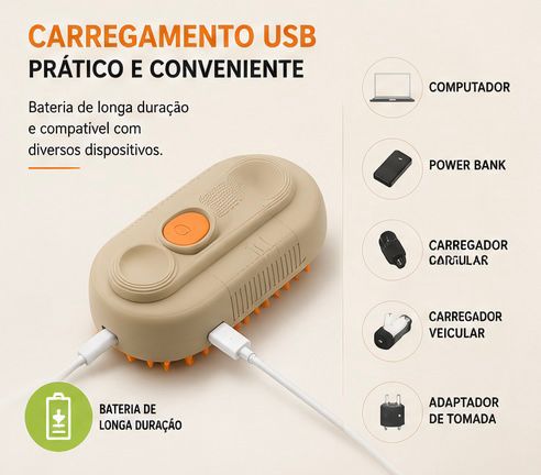 Escova a Vapor 3 em 1 para Cães e Gatos – Remove Pelos, Massageia e Hidrata