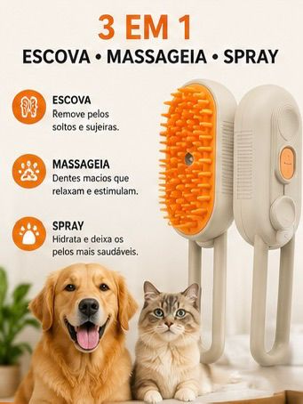 Escova a Vapor 3 em 1 para Cães e Gatos – Remove Pelos, Massageia e Hidrata