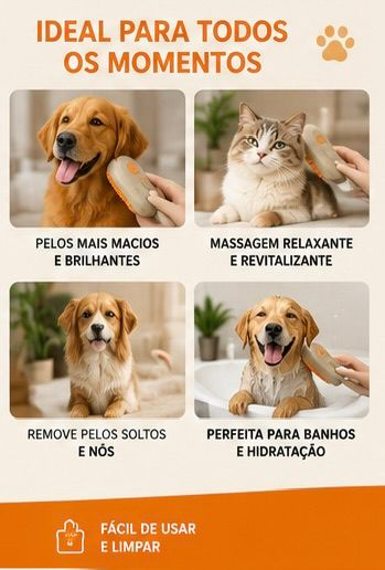 Escova a Vapor 3 em 1 para Cães e Gatos – Remove Pelos, Massageia e Hidrata