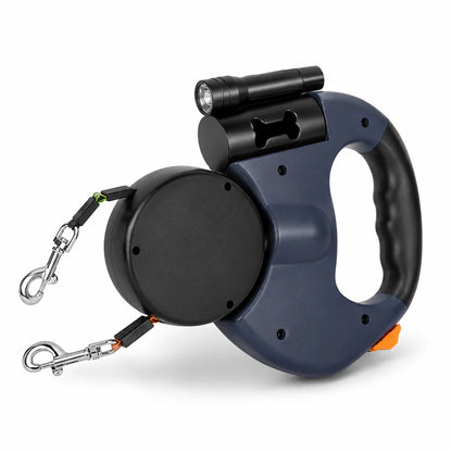 Guia Retrátil Dupla para 2 Cães com Luz LED, Giro 360° e Dispenser para Saquinhos