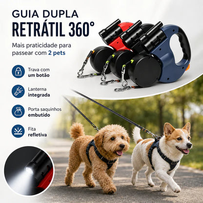 Guia Retrátil Dupla para 2 Cães com Luz LED, Giro 360° e Dispenser para Saquinhos