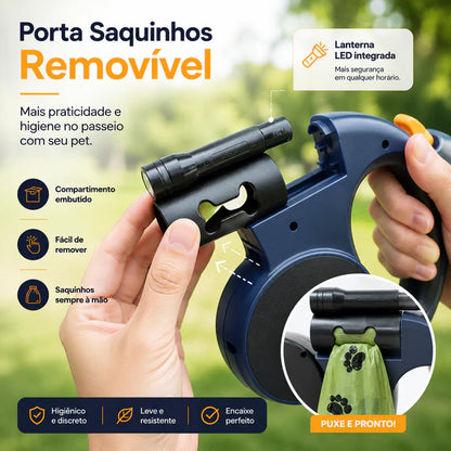 Guia Retrátil Dupla para 2 Cães com Luz LED, Giro 360° e Dispenser para Saquinhos