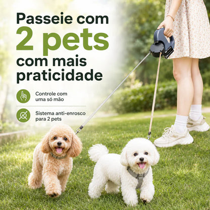 Guia Retrátil Dupla para 2 Cães com Luz LED, Giro 360° e Dispenser para Saquinhos