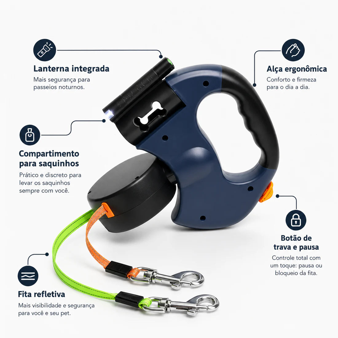 Guia Retrátil Dupla para 2 Cães com Luz LED, Giro 360° e Dispenser para Saquinhos