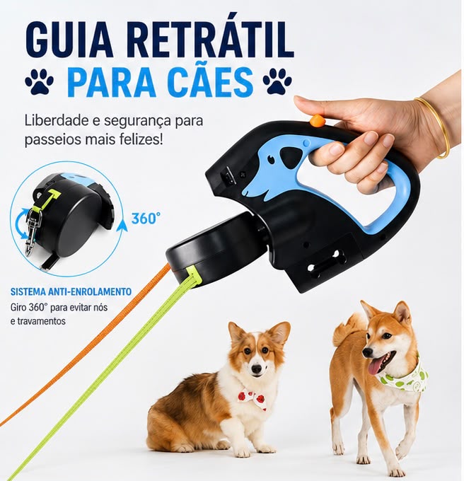 Guia Retrátil Dupla para 2 Cães com Luz LED, Giro 360° e Dispenser para Saquinhos
