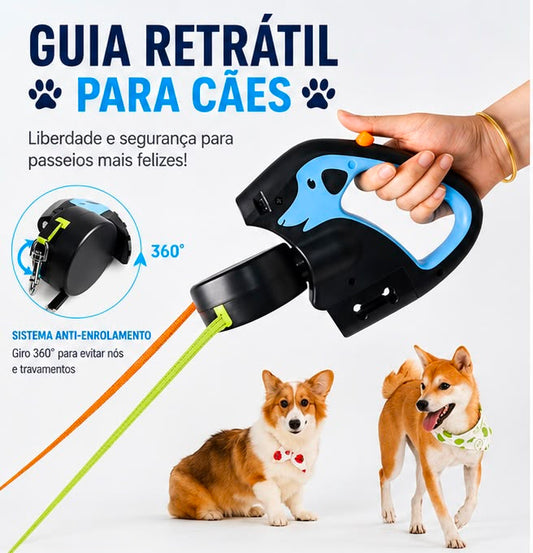 Guia Retrátil Dupla para 2 Cães com Luz LED, Giro 360° e Dispenser para Saquinhos